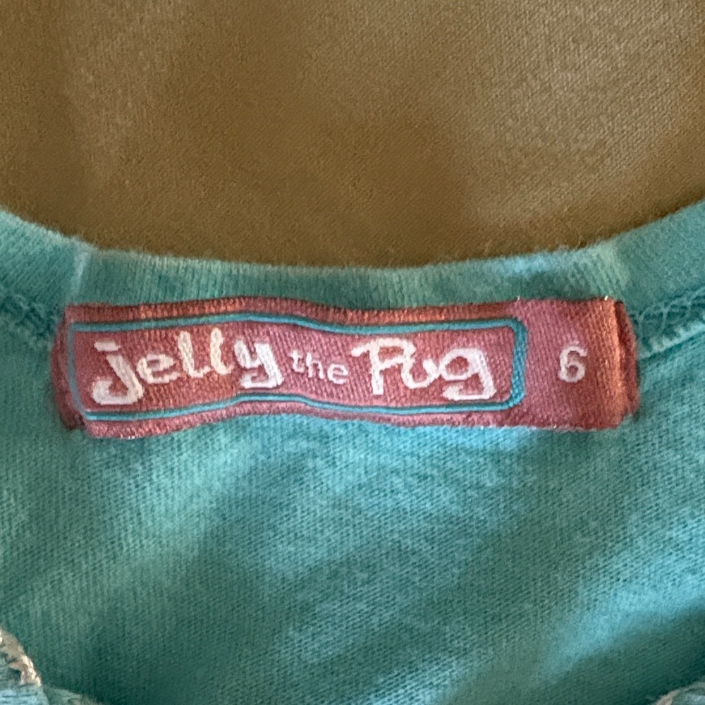 Jelly the Pug teal and Green Striped Kids Dress - Picture 2 of 3